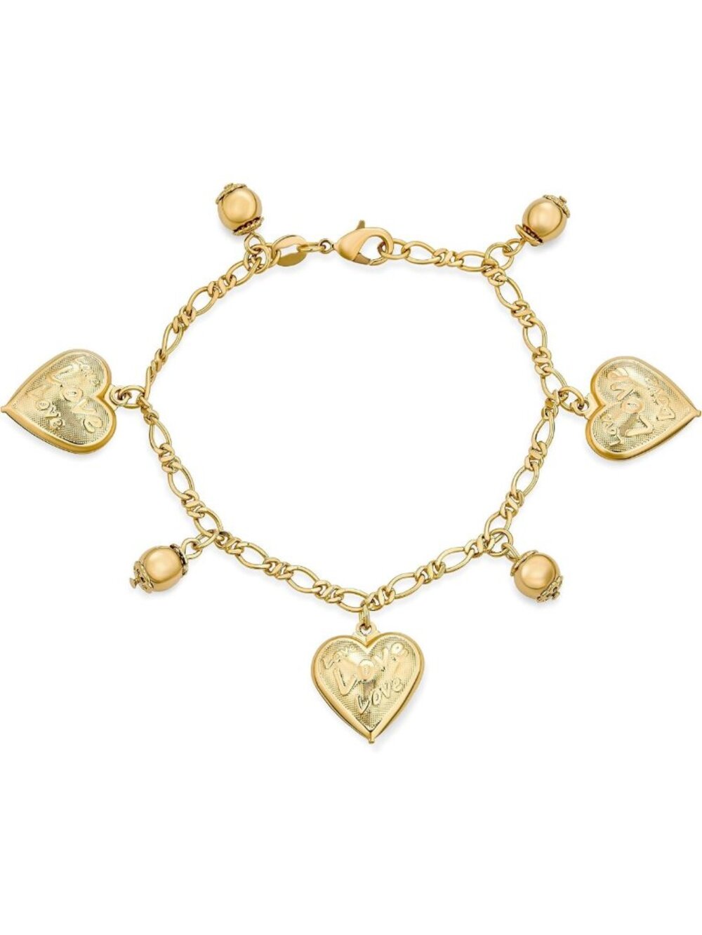 Gold Plated Romantic Heart Charm Bracelet - Love Message, 7.5 Inch, Gift Idea